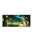 Anime girl mouse pad 28x12 inches with fox-eared shrine maiden, torii gate, lanterns, sparkles.