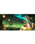 Anime girl desk pad 36x16 inches with torii gate, forest lanterns, fox-eared shrine maiden and sparkles.