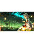 Anime girl desk pad 40x20 inches with fox-eared shrine maiden at torii gate, lantern forest scene.