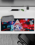 Neon 32x12 mouse pad with intense anime gaze, sharp neon tones, and untamed scarf for a rebellious aesthetic