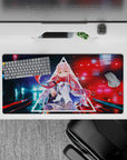 Neon 32x16 mouse pad showcasing sharp digital hues, intense gaze, and untamed scarf for cyberpunk edge