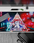 Neon 40x20 desk pad with intense anime gaze, sharp digital hues, and untamed scarf for a bold cyberpunk aesthetic