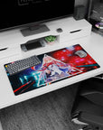 Futuristic 32x16 mouse pad with sharp neon tones, intense gaze, and untamed scarf for digital rebellion
