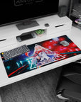 Bold 36x16 anime desk mat featuring intense gaze, sharp neon tones, and untamed scarf for digital rebellion