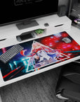 Digital 40x20 anime desk mat showcasing sharp neon tones, intense gaze, and untamed scarf for cyberpunk vibe