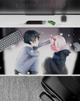 Nostalgic 40x20 desk pad capturing soft snowfall, a stolen glance, and warmth for a heartfelt anime vibe