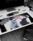 Warm 40x20 anime desk mat with soft snowfall, stolen glance, and nostalgic ambiance for a cozy, emotional aesthetic