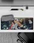 32x12 inches anime girl desk mouse pad in cool stormy blue and smoky gray, serene and dramatic vibe.