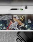 Stormy blue and smoky gray anime desk pad 36x16 inches with cool blizzard petals and gold highlights.