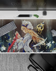 Stormy blue and smoky gray anime girl desk pad 40x20 inches with cool blizzard vibe and red ribbon.