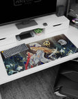 Jean from Genshin Impact anime desk pad 36x16 inches, blonde knight with red ribbon and glowing sword.