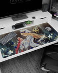 Jean from Genshin Impact on an anime girl desk pad 40x20 inches, calm knight pose with windswept hair.