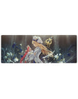 32x12 inches anime girl mouse pad with knightly heroine, stormy blues, gold sword accents, flying petals.