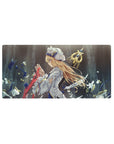 32x16 inches anime girl mouse pad with knight heroine, stormy blue-gray art, petals, gold sword accents.