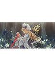 Anime girl desk pad 36x16 inches with knight-themed blonde character, sword accents, and flying petals.