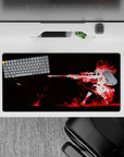 32x16 inches anime girl mouse pad in deep black with crimson ink-burst accents, bold dramatic vibe.