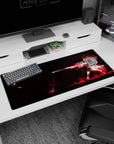Anime sharp shooter girl in sniper pose desk pad 36x16 inches, white silhouette with red splash.