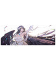 Albedo from Overlord depicted on a 32x12 inch mouse pad, showcasing her fierce and serene gaze, wings, and flowing hair.