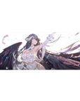 Albedo from Overlord on a 36x16 inch desk pad, showcasing her angelic form with flowing hair and wings against a feather-filled backdrop.