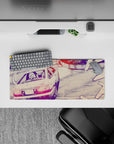 28x12 inches anime mouse pad in deep violet shadows with hot pink taillights, fast quiet rebellious vibe.
