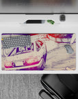 32x16 inches anime mouse pad in neon pink taillights and deep violet shadows, quiet rebellious drift mood.