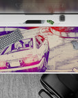 40x20 inches anime desk pad in violet shadows with hot pink tail lights, fast quiet rebellious drift mood.