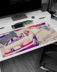 40x20 inches anime desk pad of a Trueno hatchback sliding a tight mountain curve, glowing taillights.