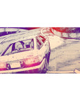 40x20 inches anime desk pad with drifting hatchback on a mountain hairpin, sketchy ink and tire arcs.