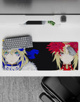 32x12 inches anime girl mouse pad in cobalt blue, velvet black, and crimson, intense teal-eyed vibe.