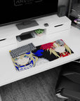 28x12 inches anime girl mouse pad showing two heroines with teal eyes, one icy blue, one scarlet.