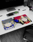 32x16 inches anime girl mouse pad featuring two sharp teal-eyed heroines, one icy blue, one scarlet.