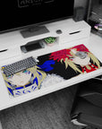 36x16 inches anime girl desk pad showing two crowned heroines, one icy blue, one scarlet, staring ahead.