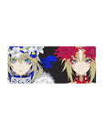 28x12 inches anime girl mouse pad with two fierce faces, split background, and red-white flower crowns.