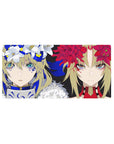 32x16 inches anime girl mouse pad with two fierce faces, split background, and red/white flower crowns.