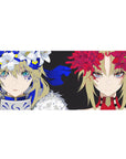 36x16 inches anime girl desk pad with two fierce faces, split background, red and white flower crowns.