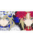 40x20 inches anime girl desk pad with two fierce faces, split background, red and white flower crowns.