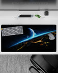 Cool inky black and smoky gray mouse pad 32x16 inches with electric cyan streaks for calm space vibes.