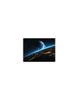 Classic 14x10 inches mouse pad with starry midnight space, blue planet, glowing horizon, and city silhouettes.