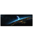 Space-themed 32x12 inches desk mouse pad with starry sky, blue planet, horizon glow, and city silhouettes.