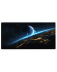 Midnight starfield sci-fi desk mouse pad 32x16 inches with planet, horizon glow, and city silhouettes.