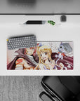 Warm rosy and gold tones on an anime mouse pad 28x12 inches, bright guild mark detail and soft shadows.
