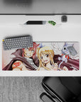 Warm rosy hair and golden highlights anime mouse pad 32x12 inches with cheerful guild vibes.
