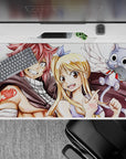 Warm rosy hair and golden highlights anime desk pad 40x20 inches, bright brave vibe with soft shadows.