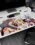 Natsu and Lucy grinning close with Happy swooping by, Fairy Tail desk pad 40x20 inches.