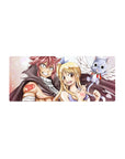 Fairy Tail anime mouse pad 28x12 inches with Natsu, Lucy and Happy on a clean background.