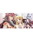 Fairy Tail anime desk pad 36x16 inches with Natsu, Lucy, and Happy on a clean background.