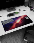 Star-speckled space scene mouse pad 32x16 inches featuring a golden core sunrise within a nebula.