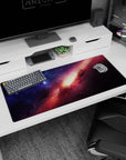 Nebula streak scene desk pad, 36x16 inches, sweeping starry cloud trail around a golden center.