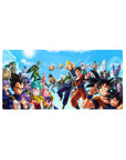 Mouse pad featuring Goku, Vegeta, Gohan, and other Z Fighters, 32x16 inches, with dynamic energy from Dragon Ball Z and Super battles.