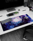 Portal-like spiral vortex toward a bright core desk pad, 36x16 inches, like a galaxy opening on your desk.